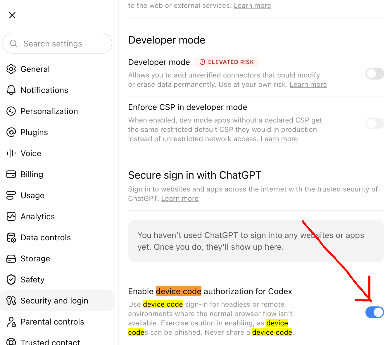 A red arrow points to Enable device code authorization for Codex in ChatGPT settings.